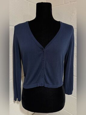 Weekend Max Mara Cropped V-Neck Cardigan - Navy Ribbed Knit (M)